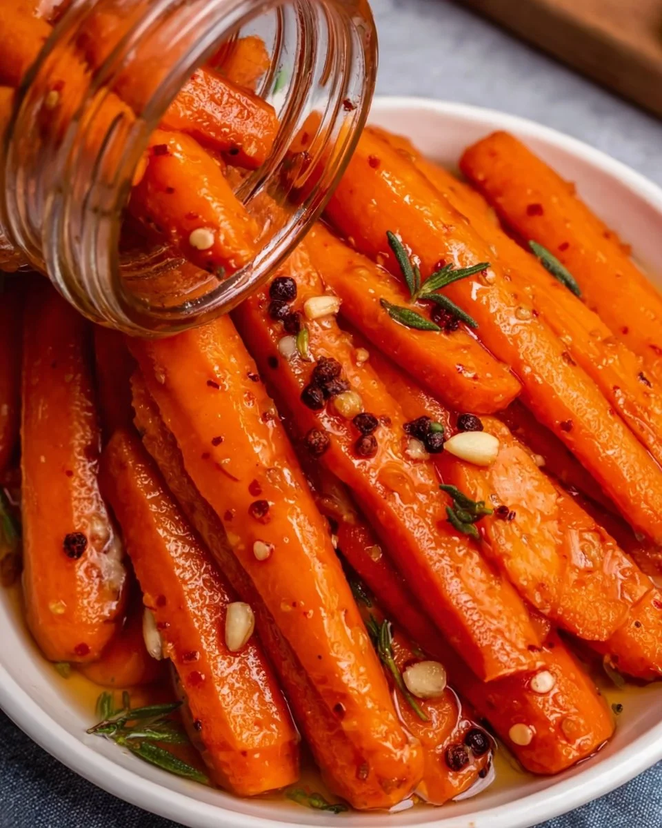 Jar of hot honey pickled carrots with vibrant colors and spices