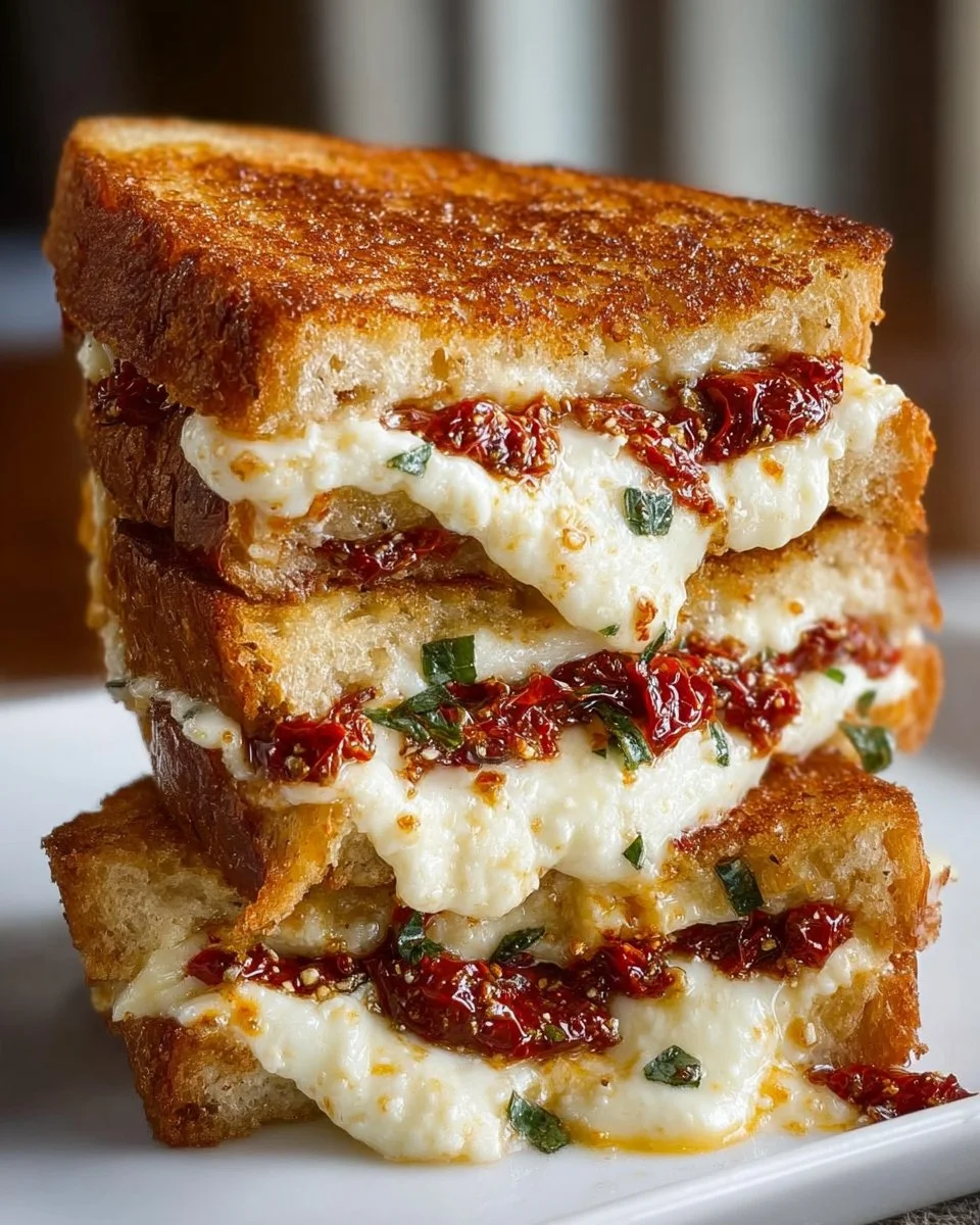 Delicious sun-dried tomato grilled cheese sandwich melting with cheese
