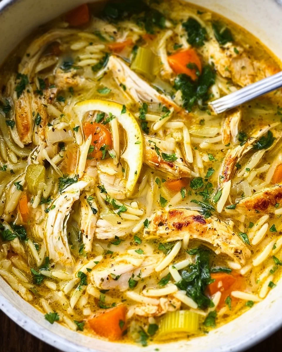 Bowl of Lemon Chicken Soup garnished with parsley and lemon slices