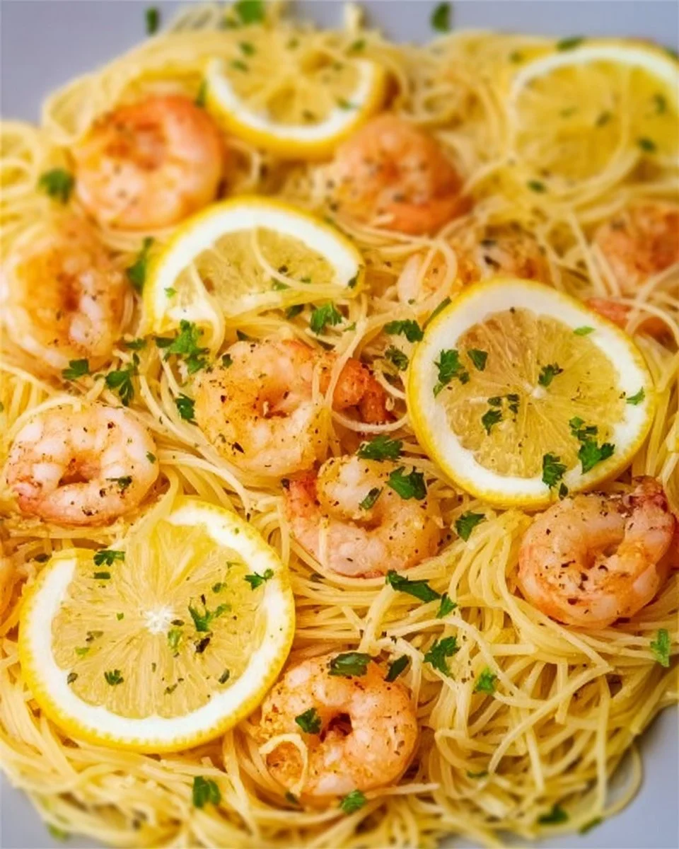 Delicious Lemon Garlic Butter Shrimp Pasta served in a bowl with fresh herbs.