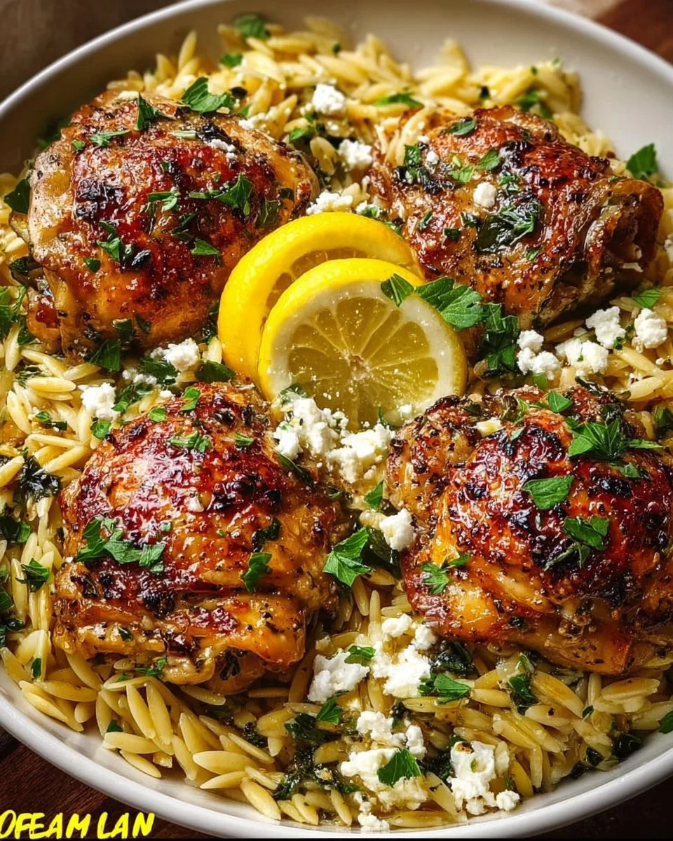 Lemon-Kissed Chicken Thighs served with a side of orzo and lemon wedges