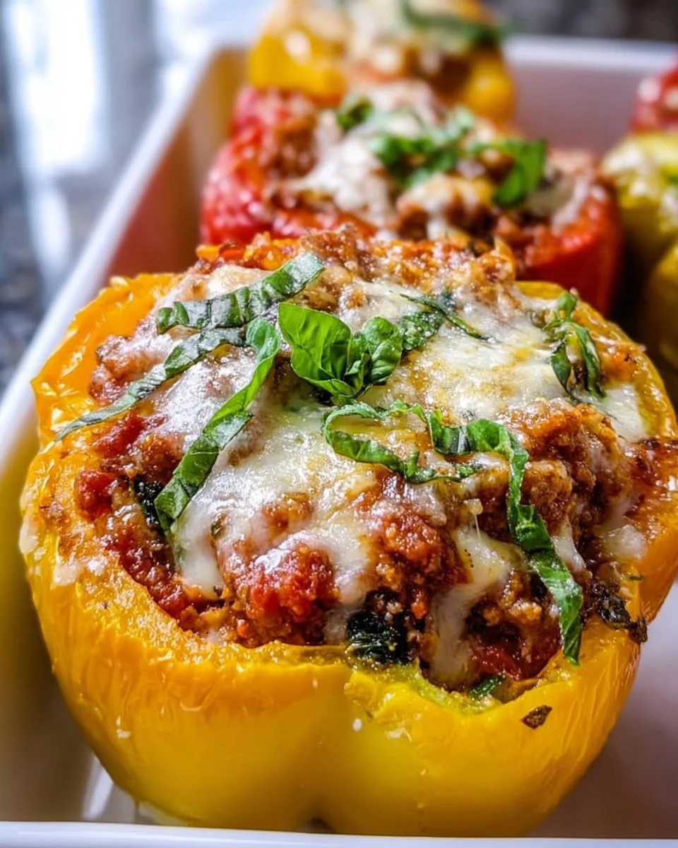 Delicious low carb lasagna stuffed peppers filled with cheese and meat