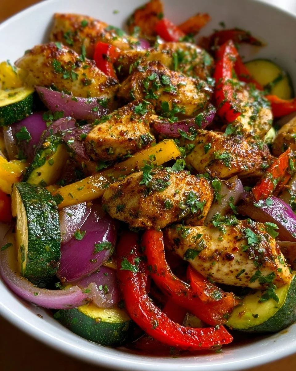 Mediterranean chicken stir fry with colorful vegetables and herbs in a skillet