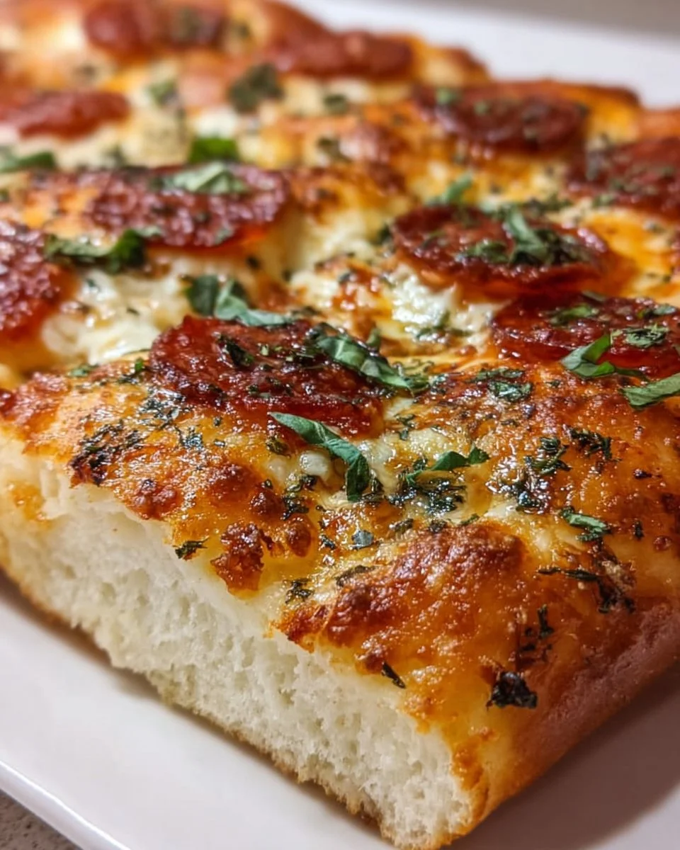 New York Bakery-Style Sicilian Pizza with a crispy crust and fresh toppings.