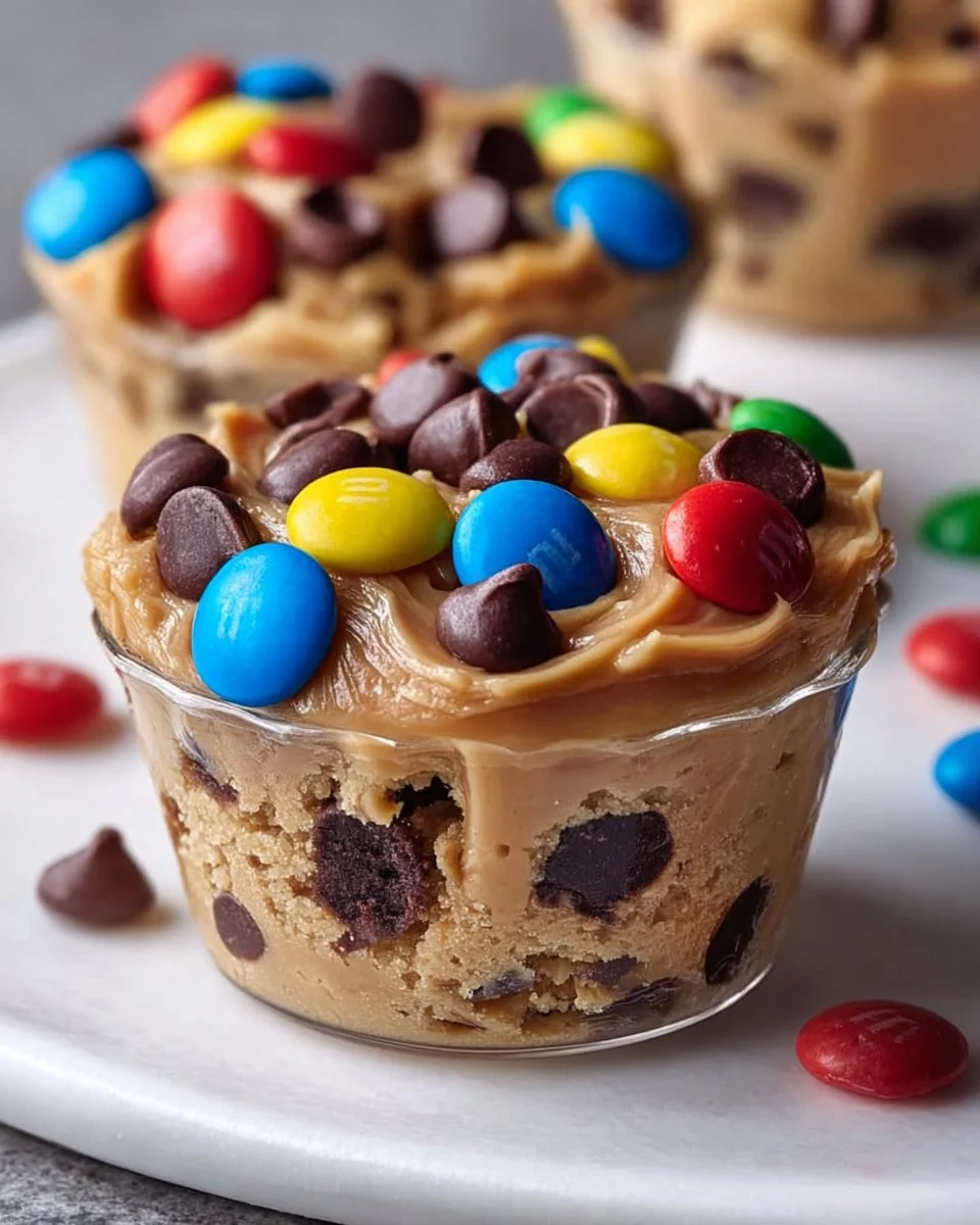 No-bake chocolate chip cookie dough M&M cups topped with colorful candies
