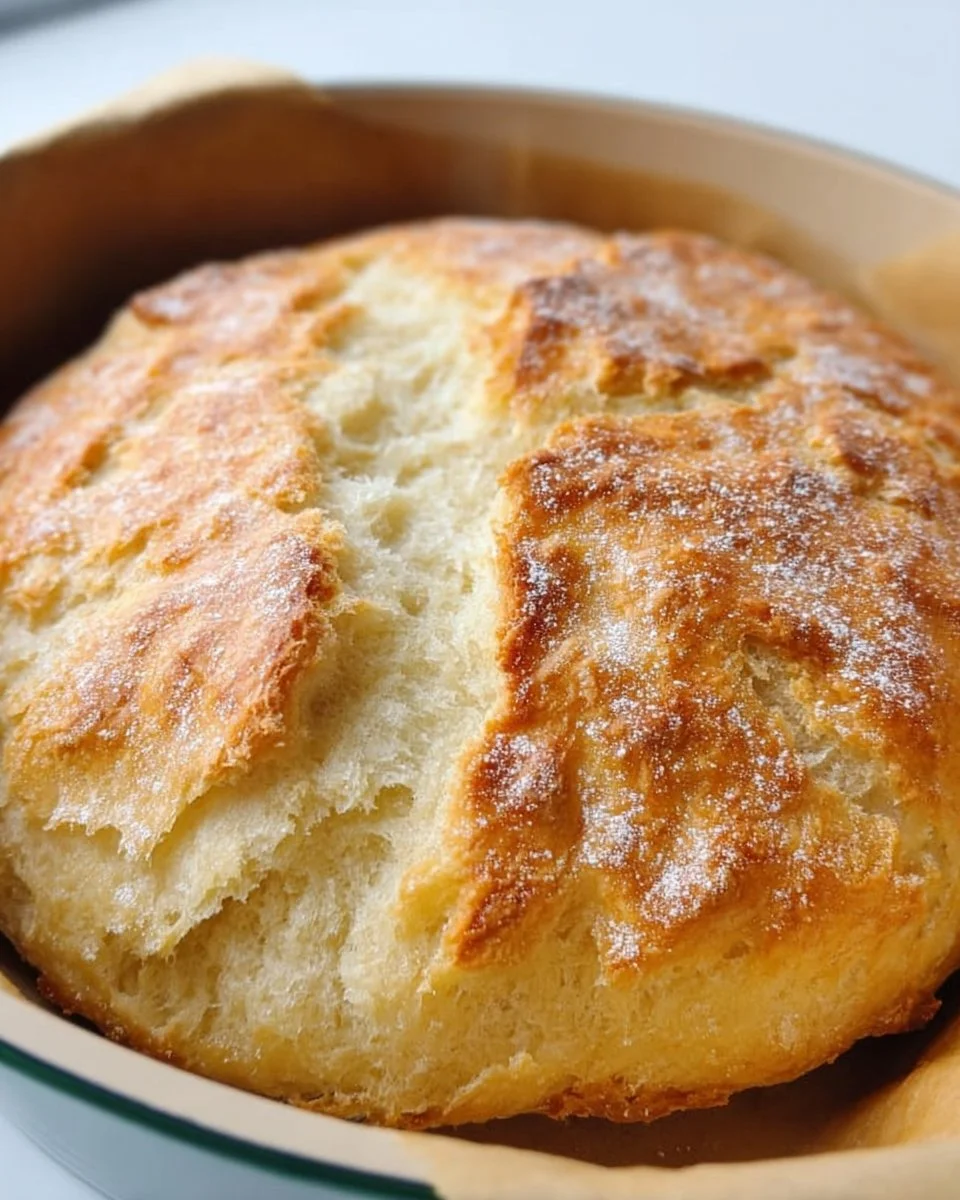 Freshly baked no-knead bread loaf on a rustic wooden table.