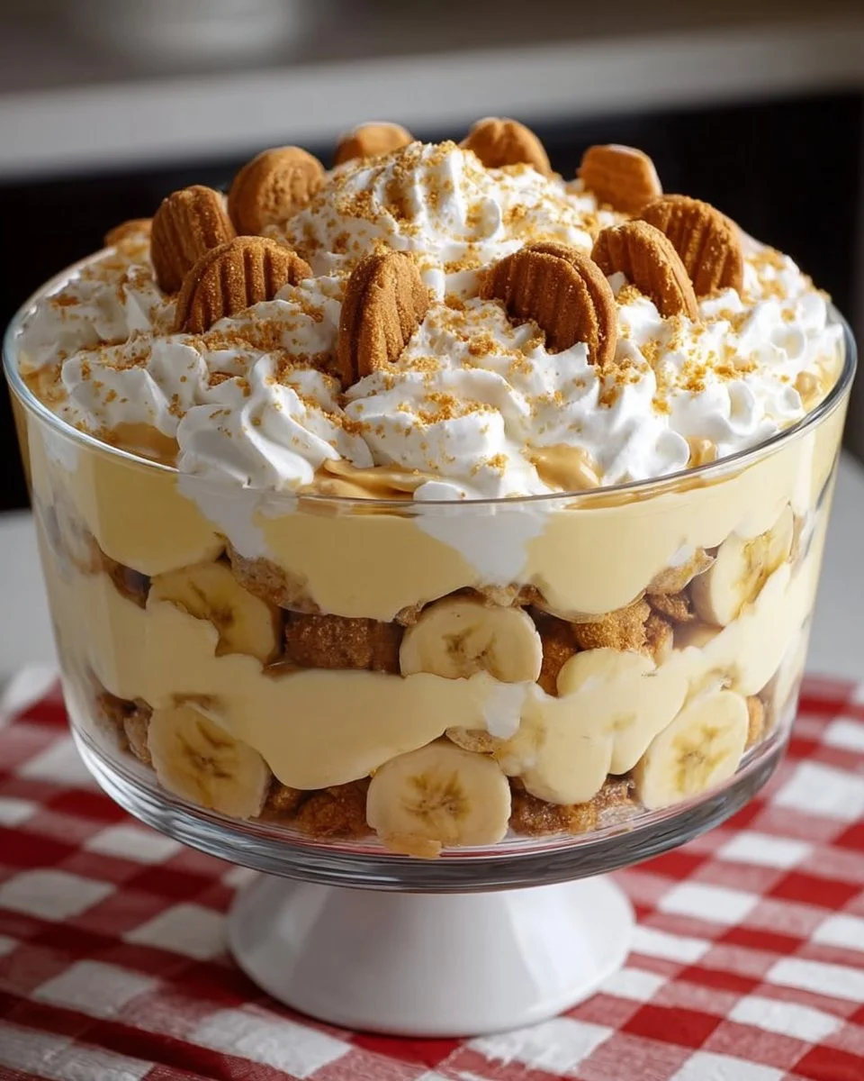 A delicious Nutter Butter Trifle dessert layered with cookies and cream.