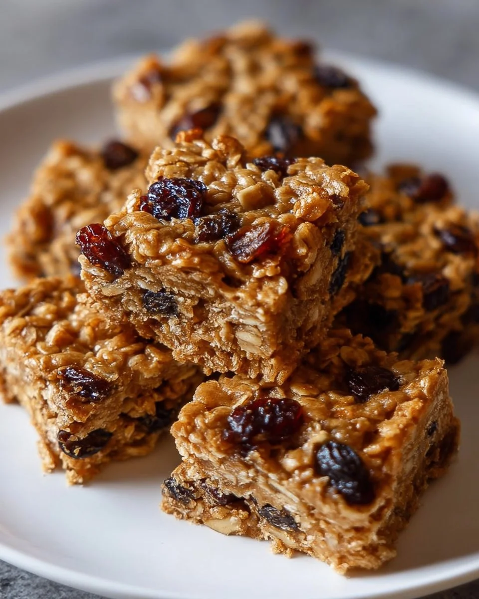 Delicious homemade oatmeal raisin bars on a wooden table.