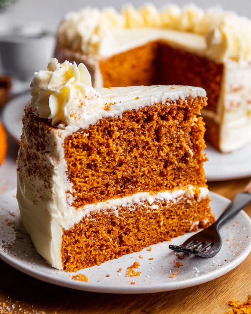 Old Fashioned Spice Cake topped with Cream Cheese Frosting on a rustic plate