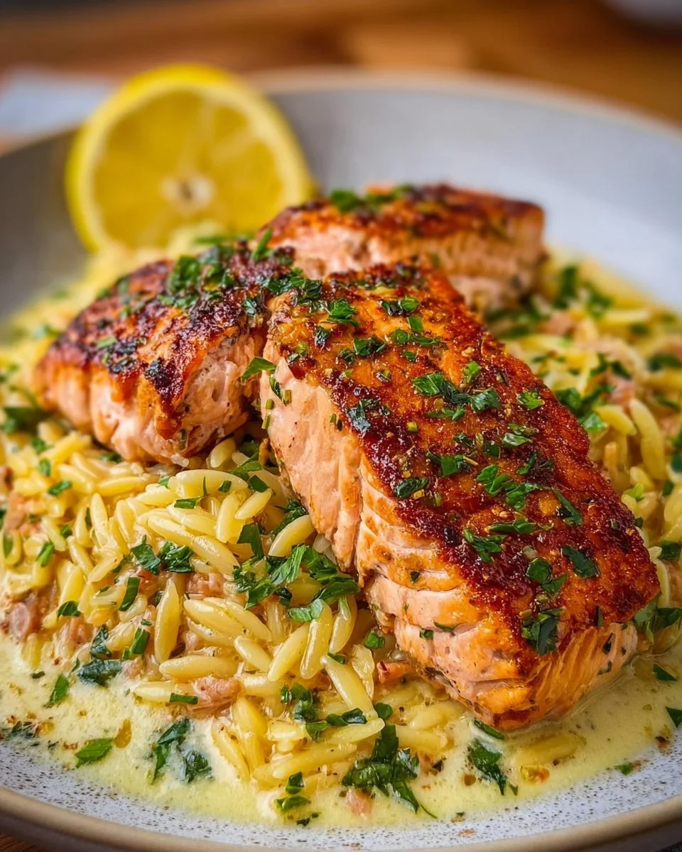 One-pot salmon and creamy lemon orzo dish served in a bowl