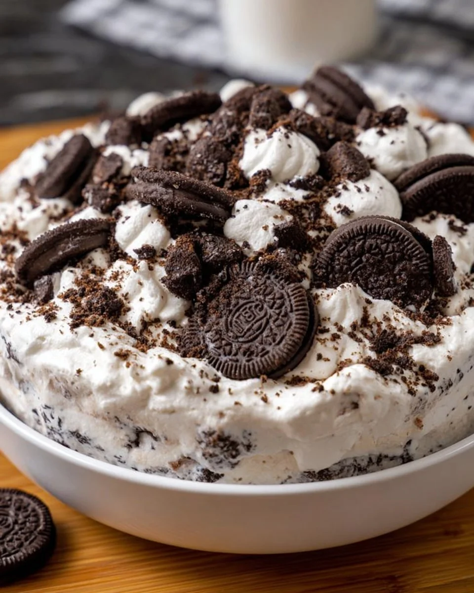 Delicious Oreo Fluff dessert in a bowl, topped with crushed Oreos.