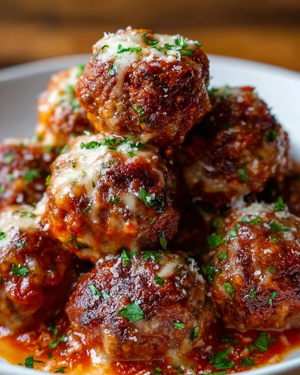 Delicious oven baked meatballs served on a plate with marinara sauce
