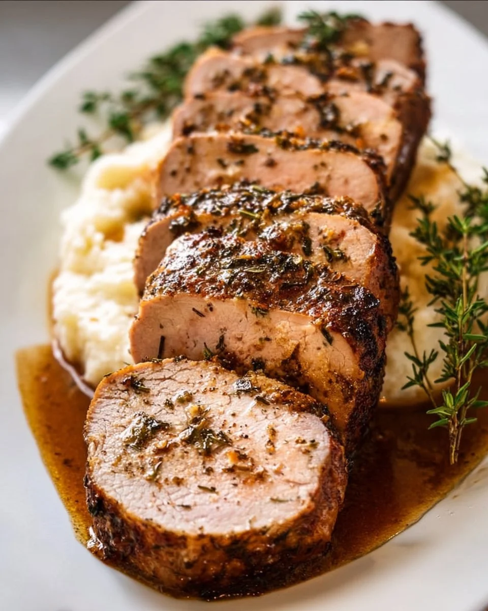 Oven Roasted Pork Tenderloin served on a plate with herbs and spices