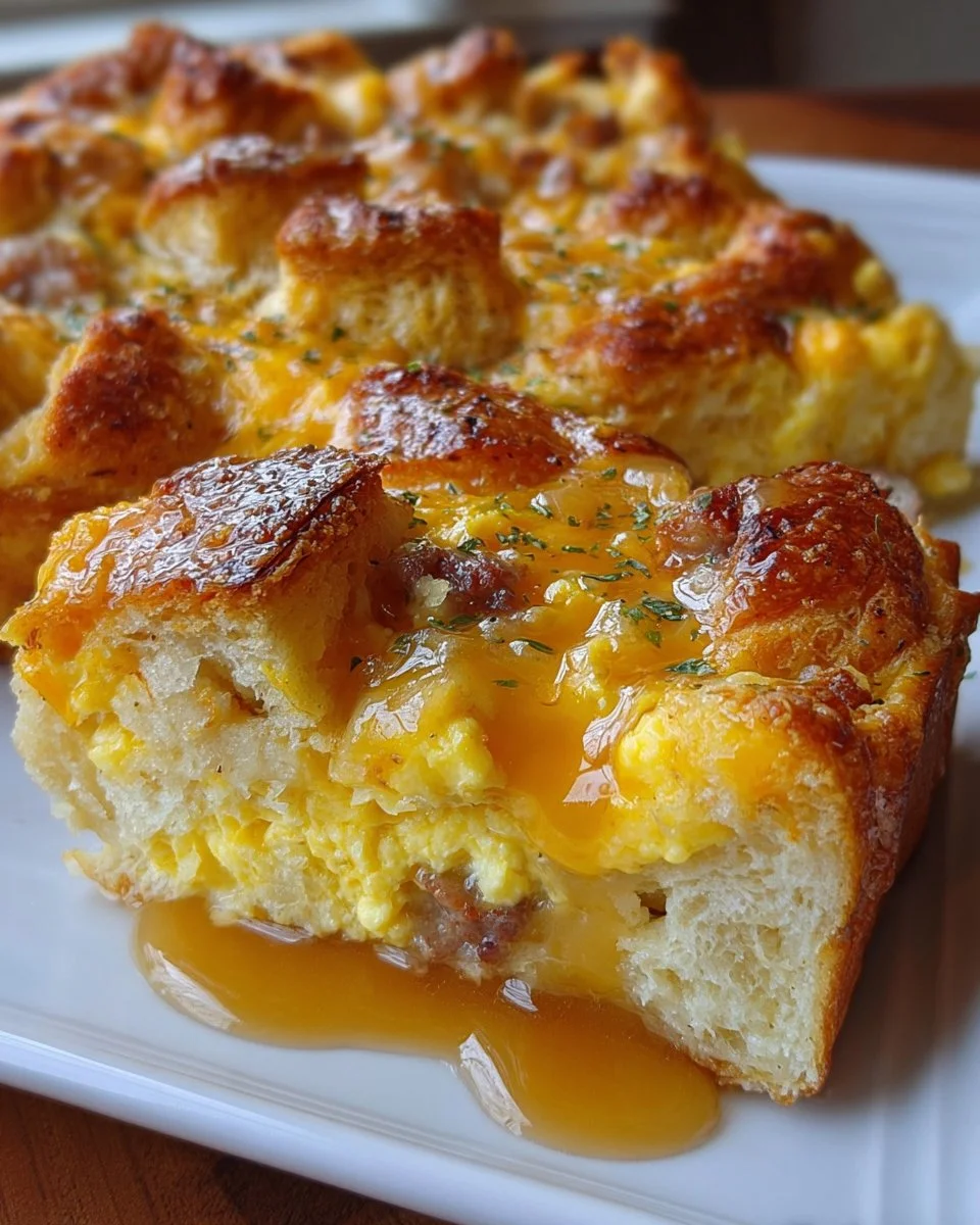 Delicious overnight croissant casserole bake with creamy gravy topping