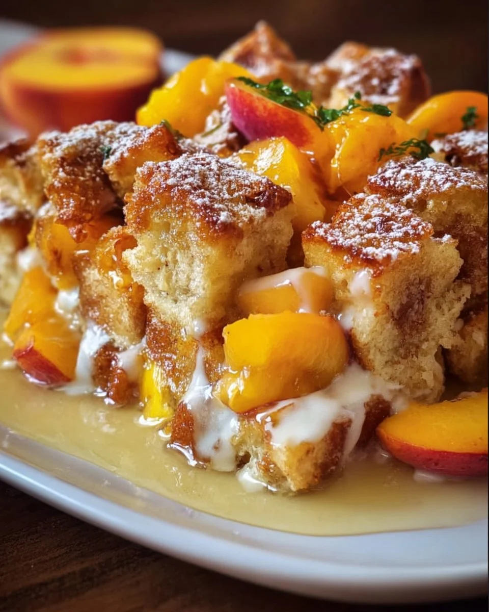 Peaches and Cream Baked French Toast served on a plate