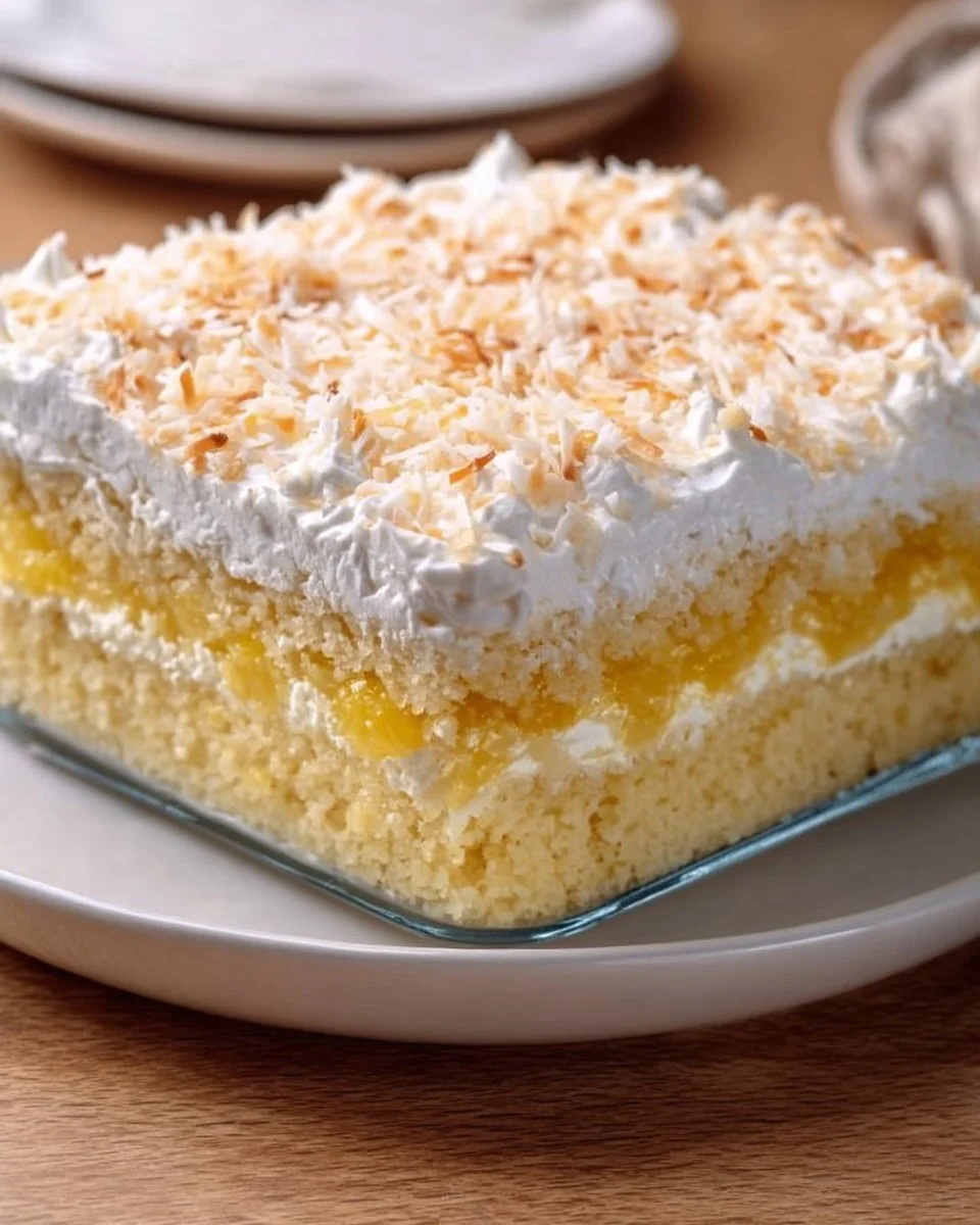 Pineapple Coconut Dream Cake with layers of pineapple and coconut frosting