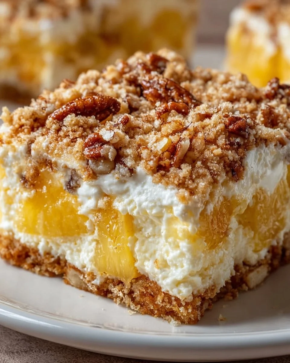 Delicious Pineapple Pecan Cream Cheese Crunch Bake topped with pecans