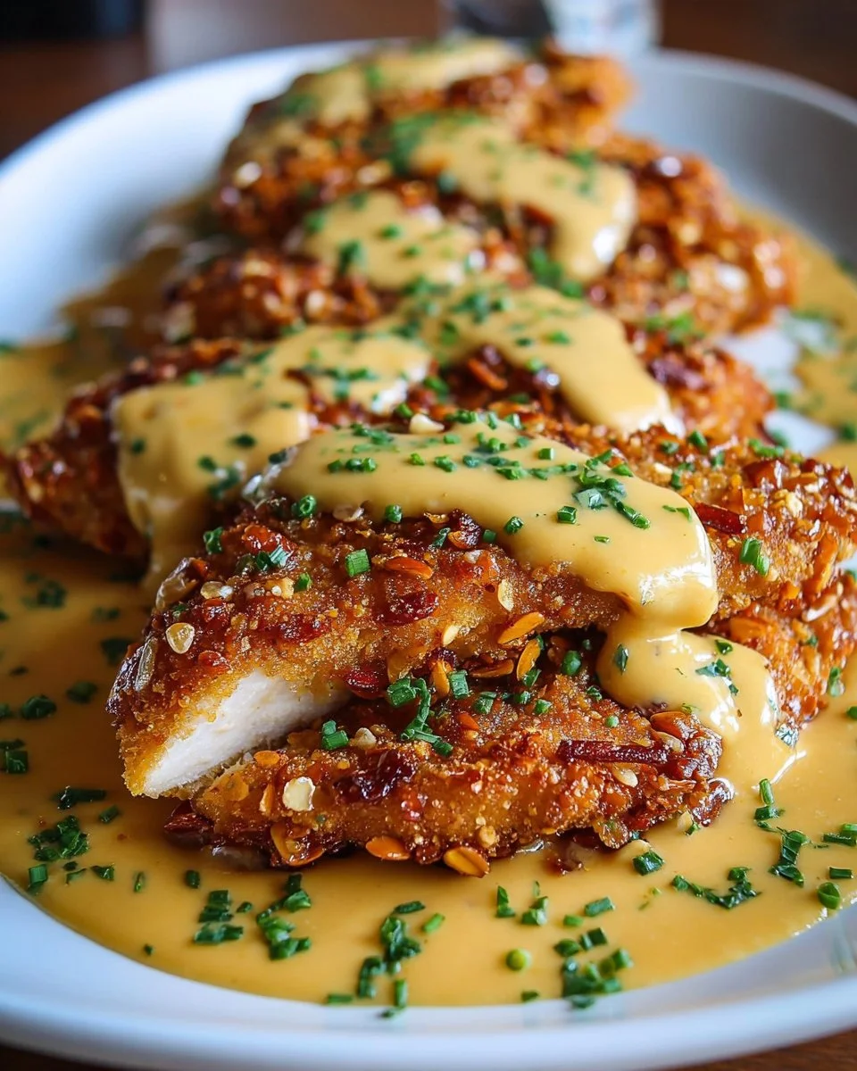 Pretzel-Crusted Chicken served with Creamy Mustard Cheddar Sauce
