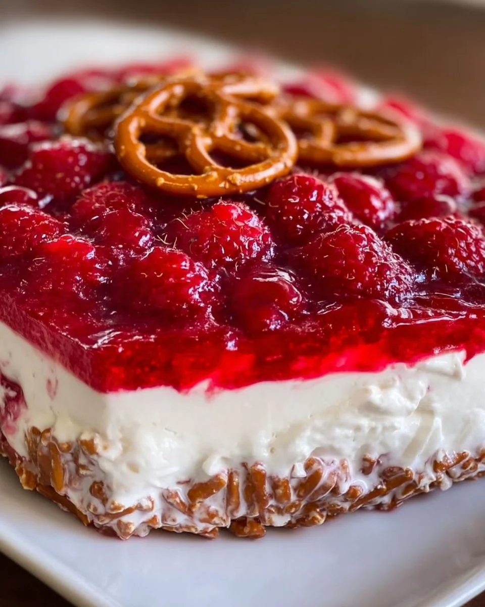 Delicious Raspberry Pretzel Jello Salad with layers of flavor and texture