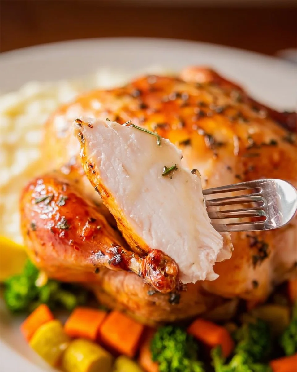 Golden brown roasted whole chicken served with herbs and vegetables