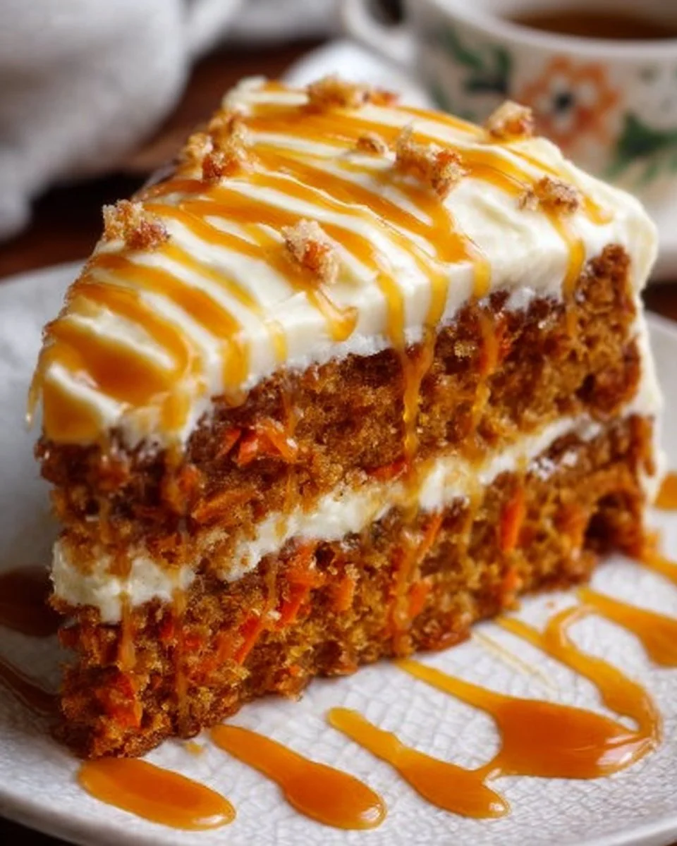 Slice of salted caramel carrot cake topped with creamy frosting