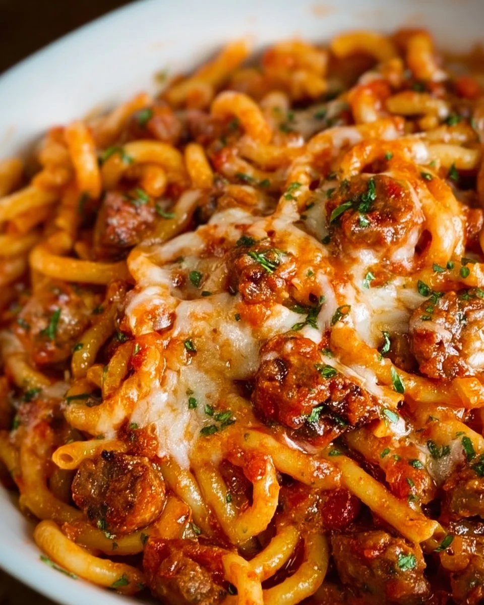 A delicious bowl of savory Italian sausage pasta garnished with herbs.