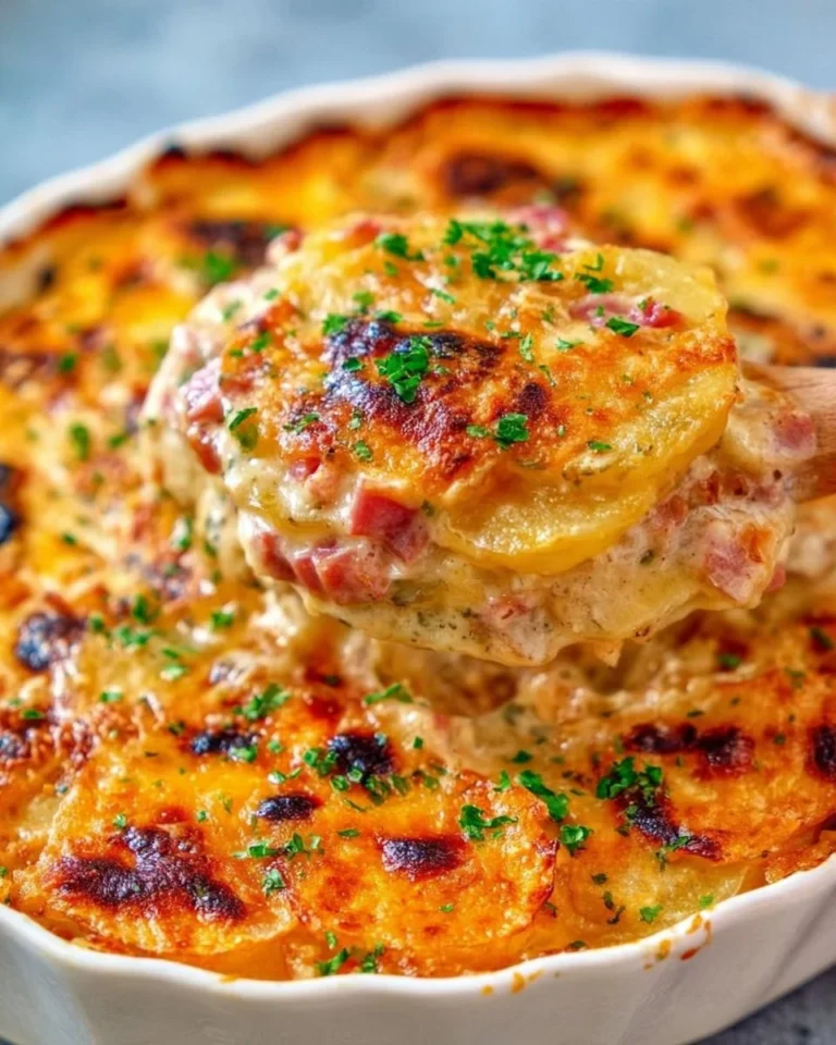 Delicious scalloped potatoes with ham and cheese served in a casserole dish