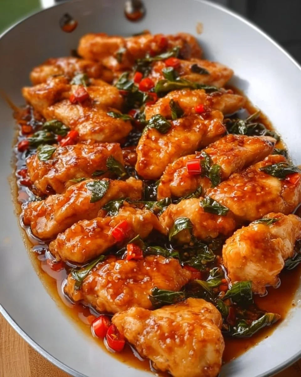 Plate of Sticky Basil Chicken garnished with fresh basil leaves