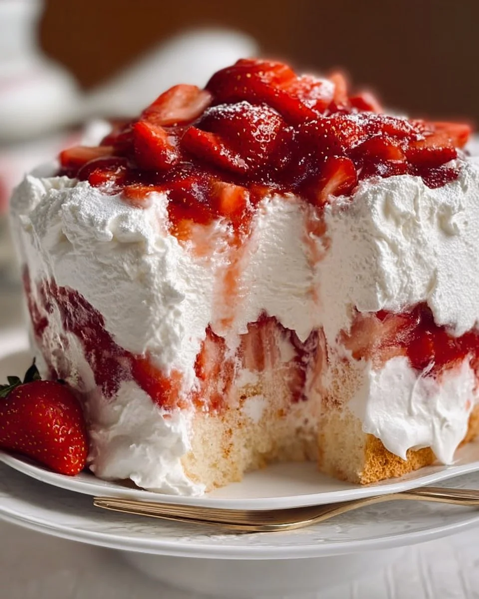 Bowl of Strawberry Angel Fluff dessert topped with fresh strawberries