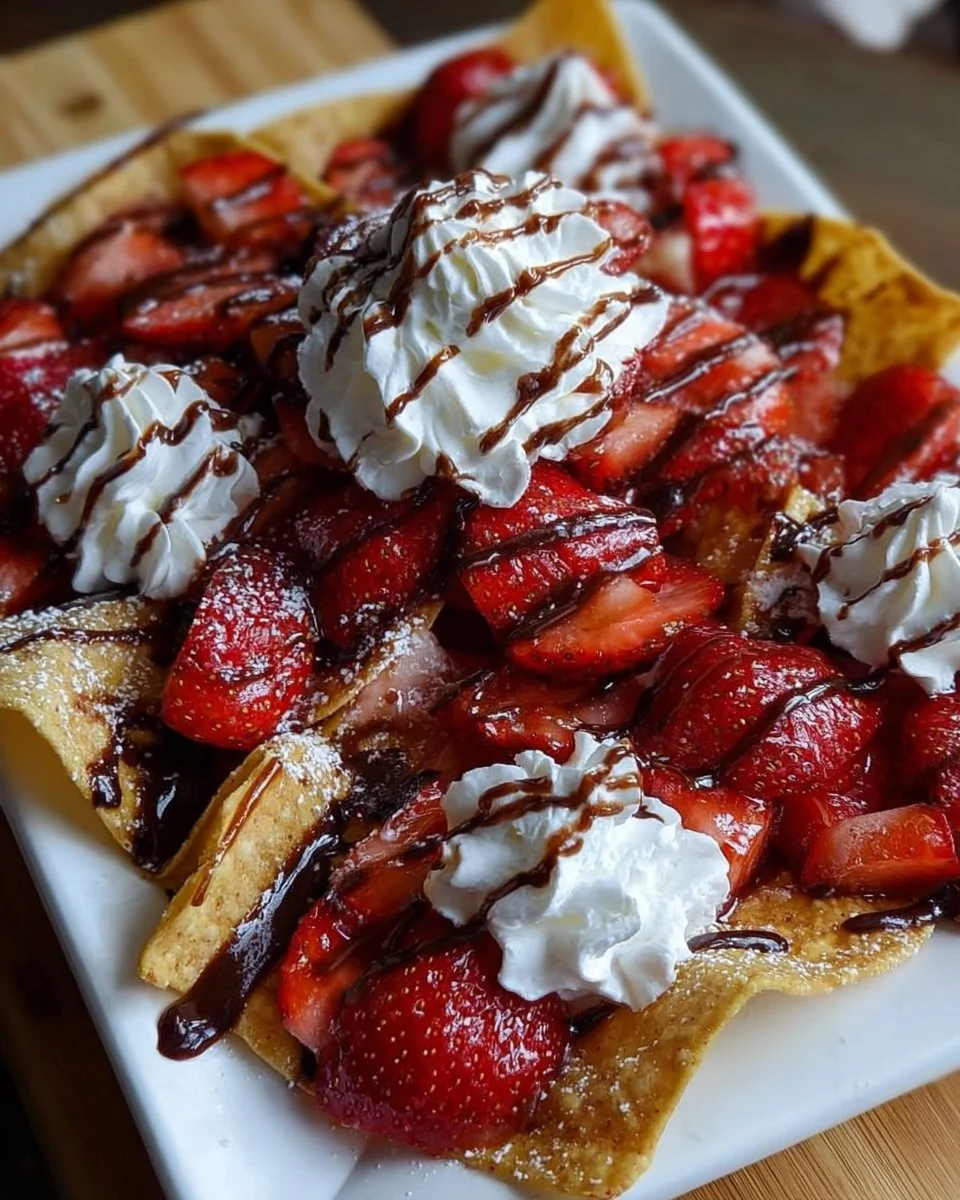 Delicious Strawberry Cheesecake Nachos topped with fresh strawberries and cream.