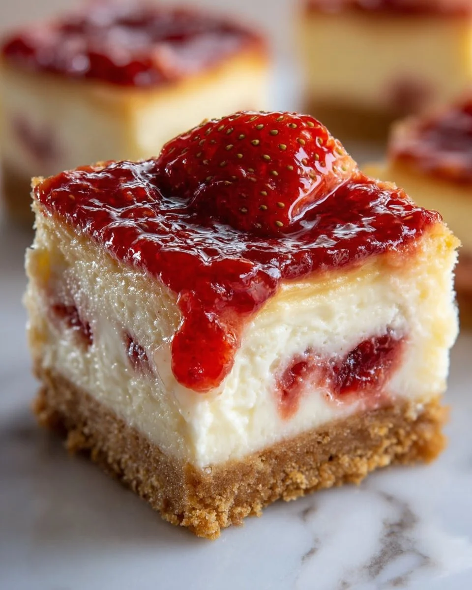 Delicious strawberry cheesecake squares garnished with fresh strawberries