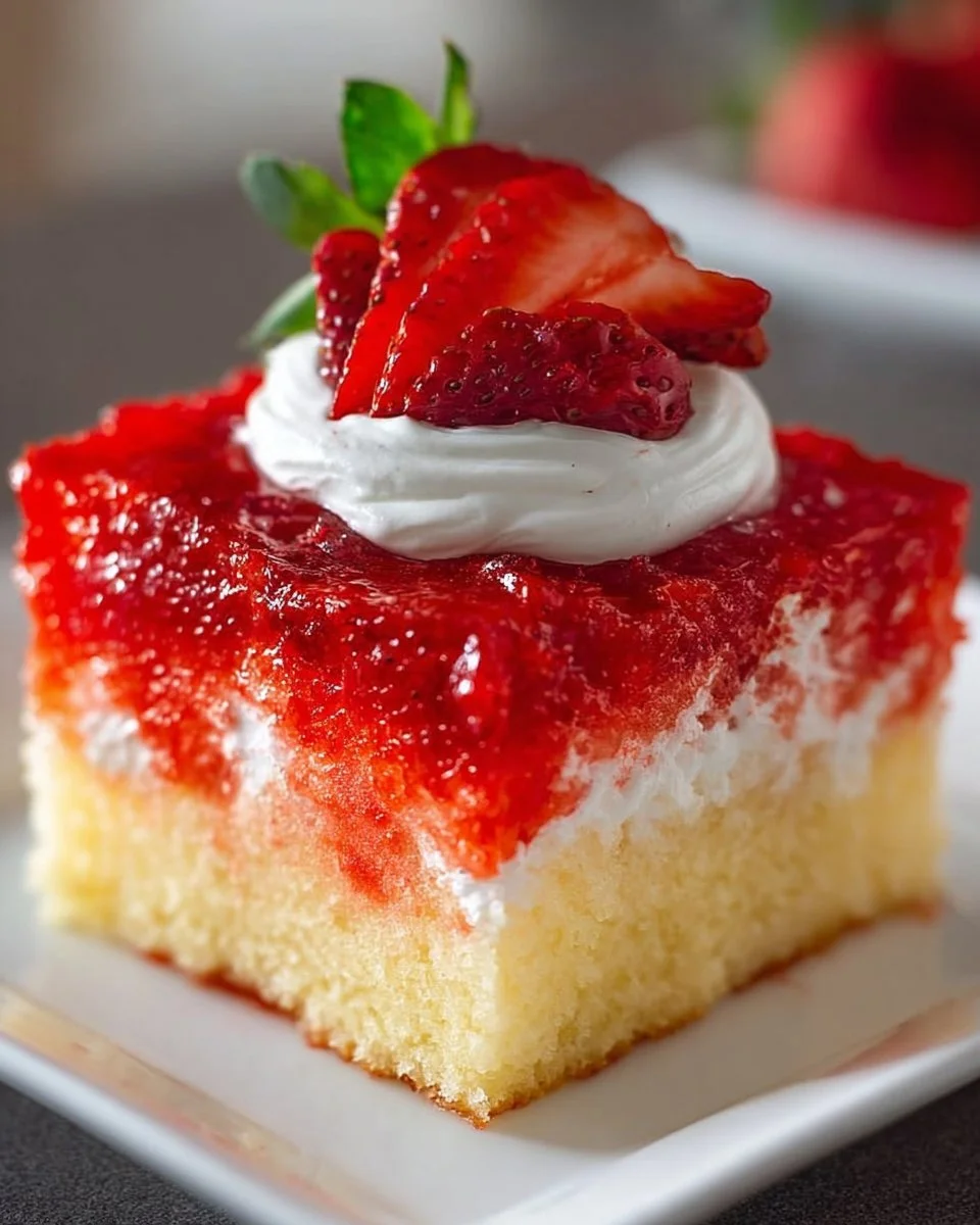 Slice of strawberry poke cake with whipped cream and fresh strawberries on top