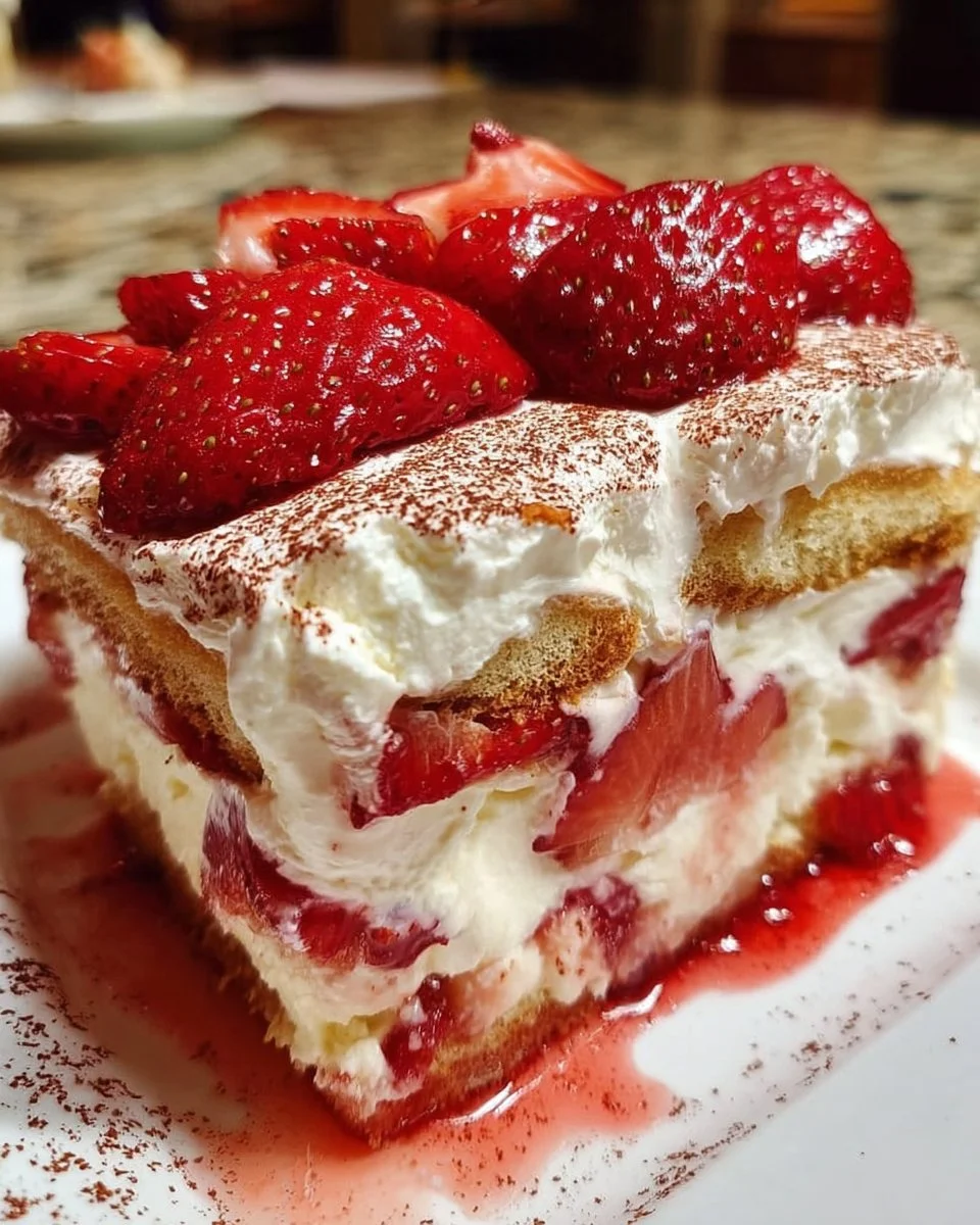 Delicious Strawberry Tiramisu dessert with layers of strawberries and mascarpone