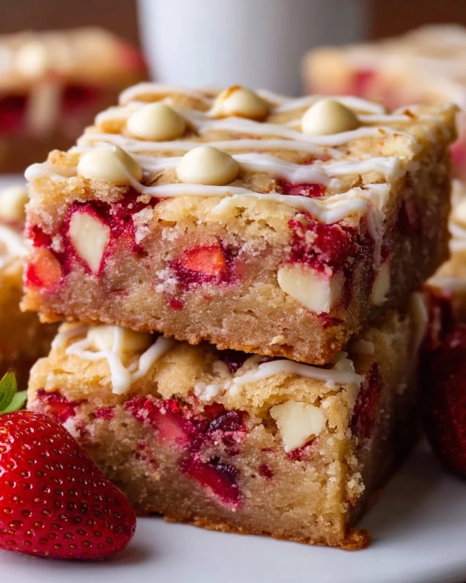 Delicious strawberry blondies with white chocolate chunks on a plate