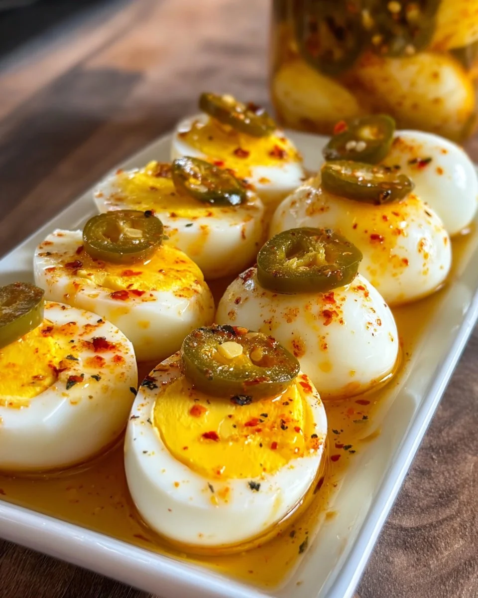 Sweet and spicy pickled eggs in a jar, delicious and vibrant snack option.