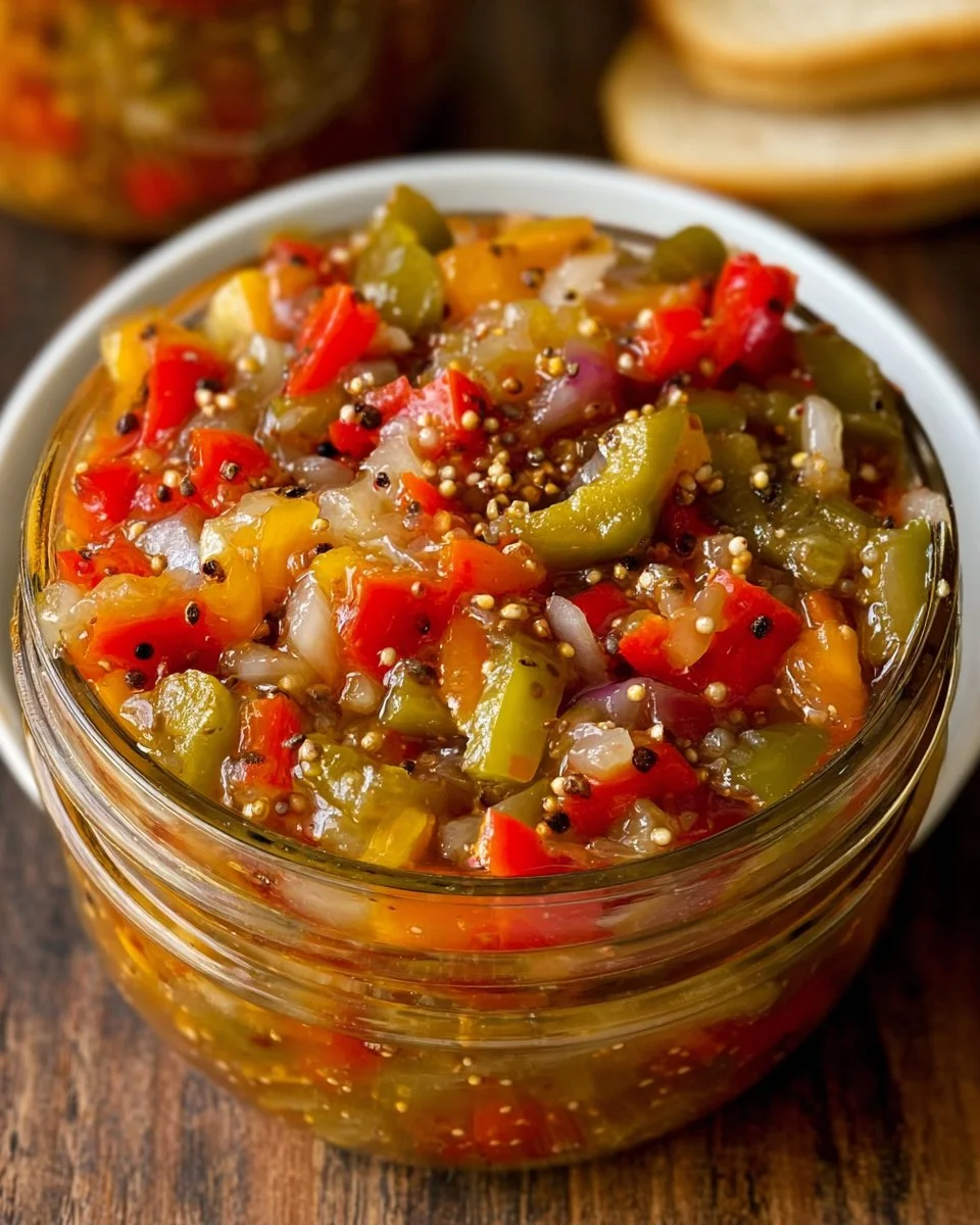 Homemade sweet and tangy pepper onion relish in a jar