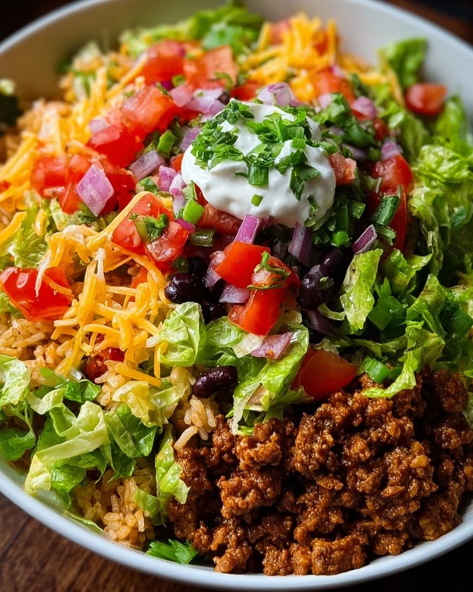 Colorful taco bowl loaded with fresh ingredients and toppings