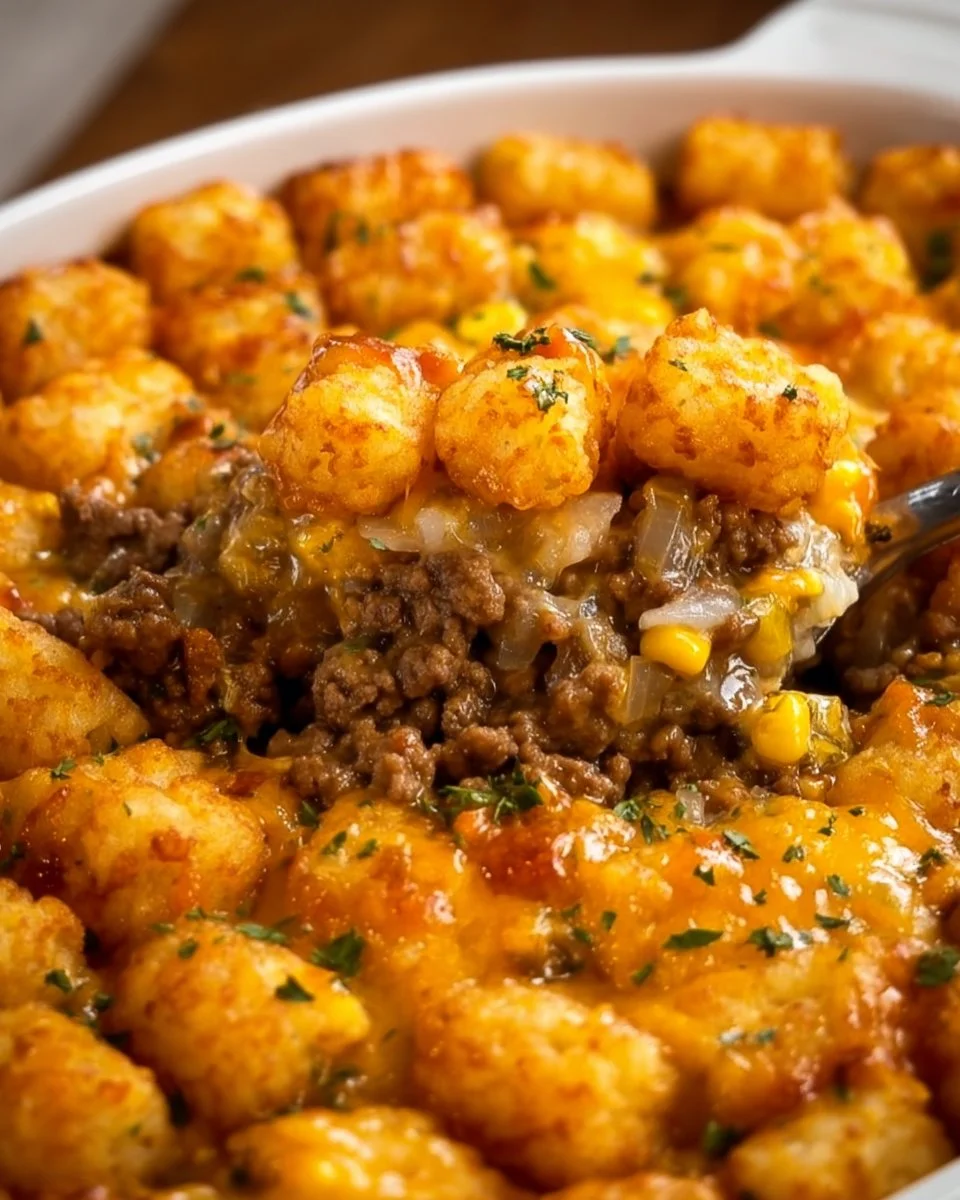 Delicious tater tot casserole topped with ground beef and melted cheese