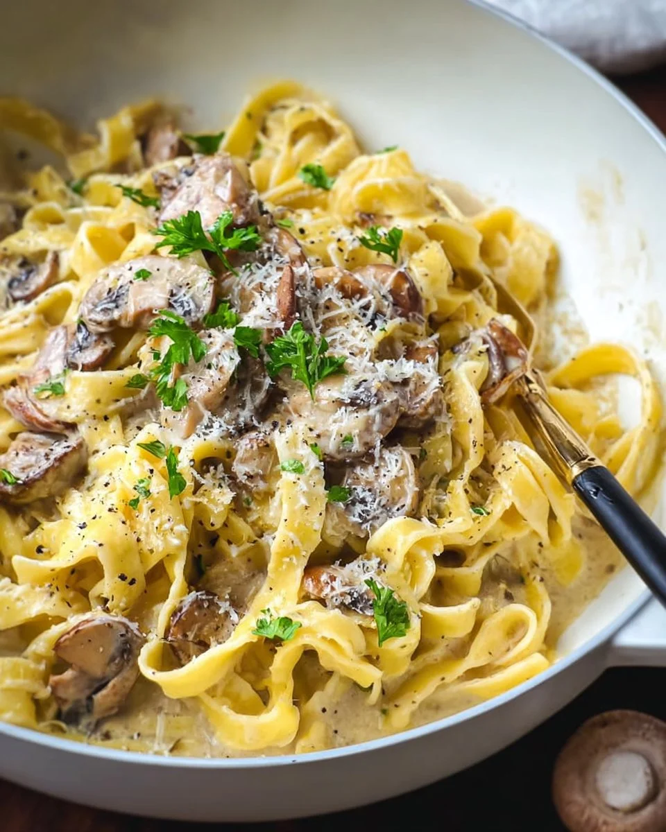Delicious plate of truffle pasta garnished with fresh herbs and parmesan.