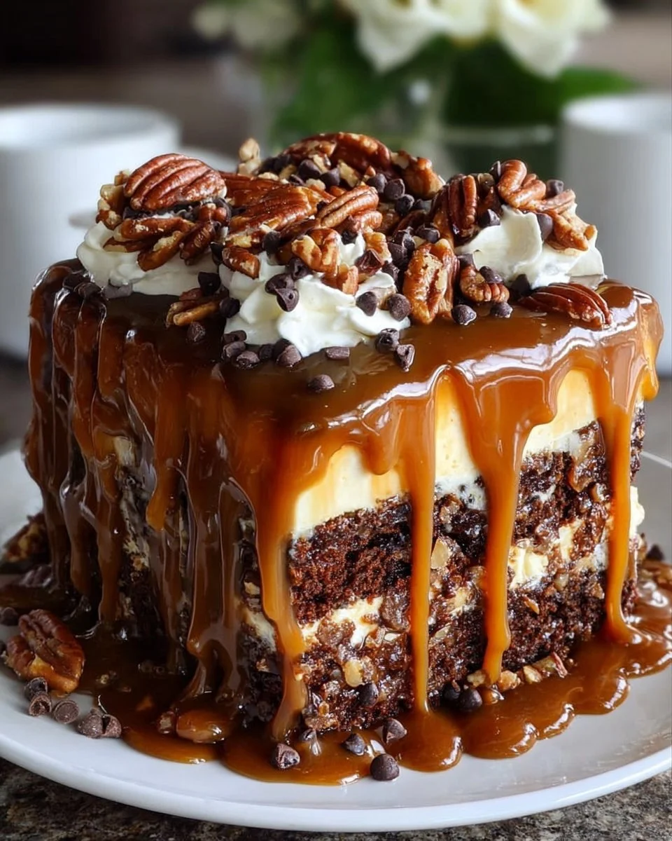Delicious Turtle Caramel Cake topped with chocolate, caramel, and nuts.