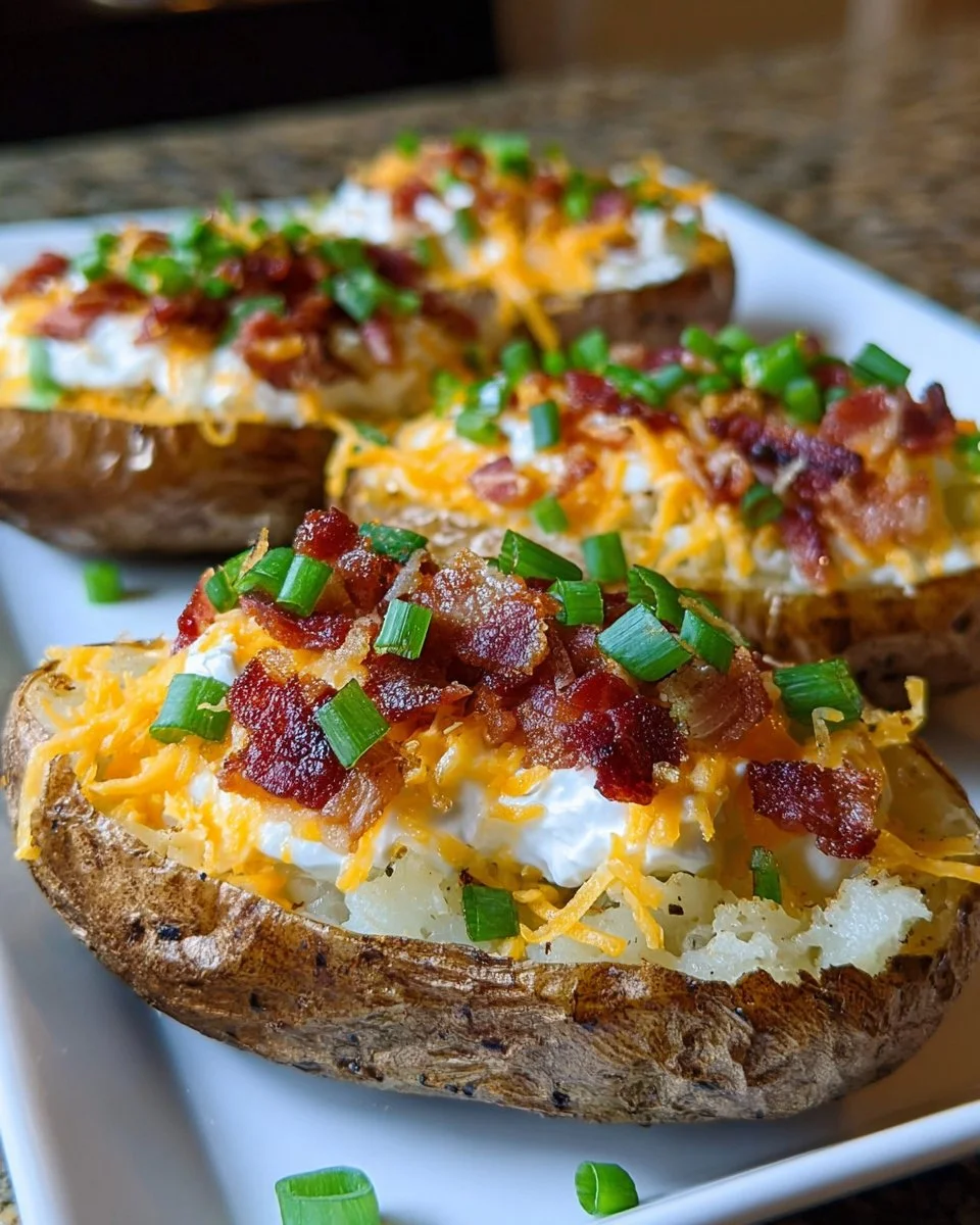 Twice baked loaded breakfast potatoes topped with cheese and green onions