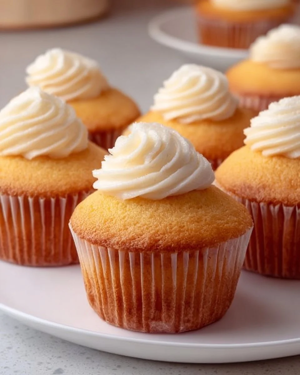 Delicious no-fail vanilla cupcakes topped with creamy frosting