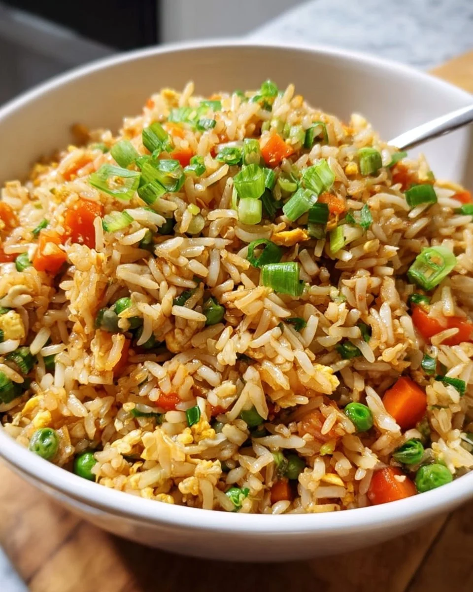 Colorful plate of Vegetable Fried Rice with assorted vegetables and soy sauce
