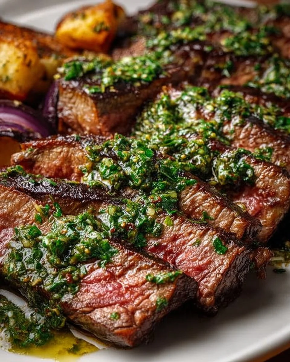 Grilled Argentinian skirt steak topped with chimichurri sauce.