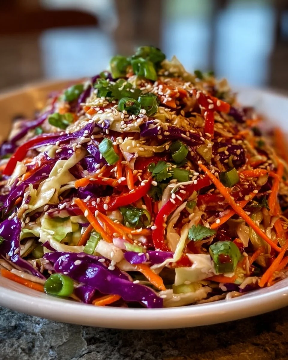 Asian slaw topped with sesame ginger dressing in a colorful bowl