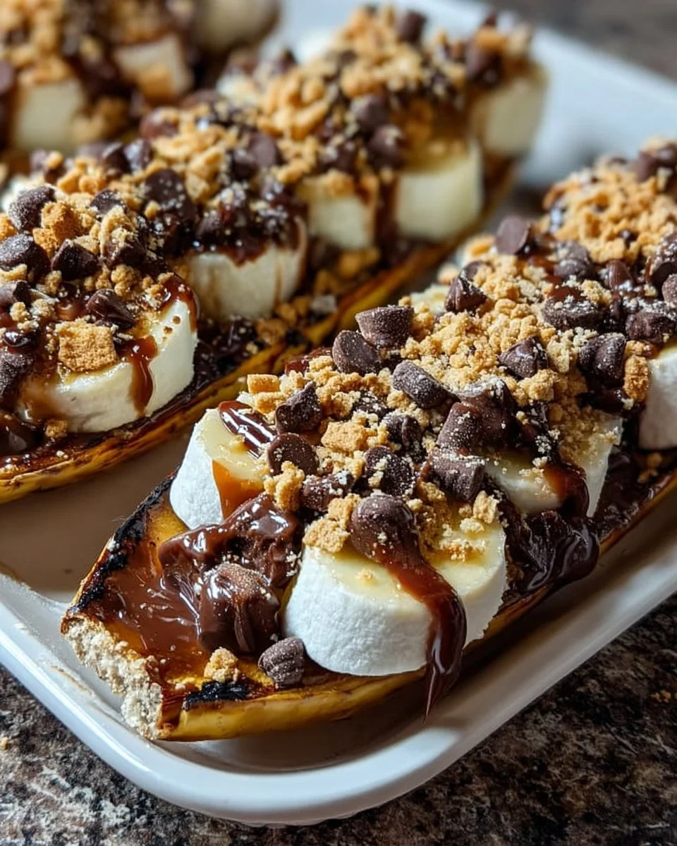 Delicious Banana S'mores boats ready to be enjoyed by a fire.