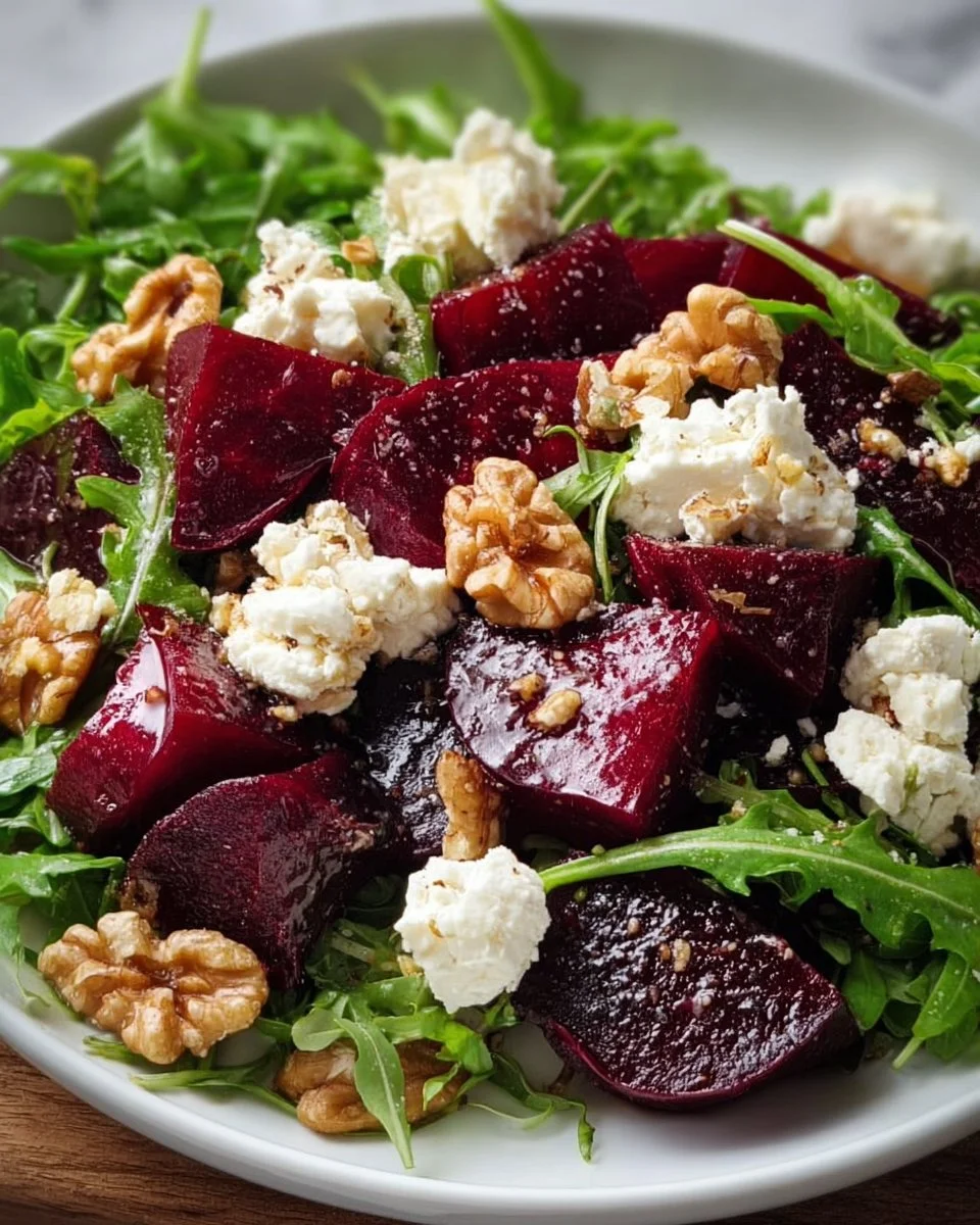 Colorful Beet and Arugula Salad with walnuts and feta cheese