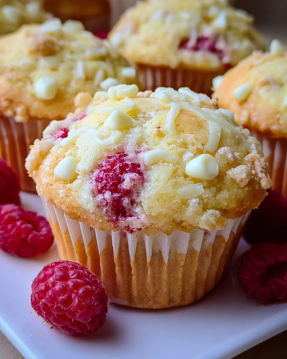 Bright lemon raspberry muffins with white chocolate drizzle on a plate