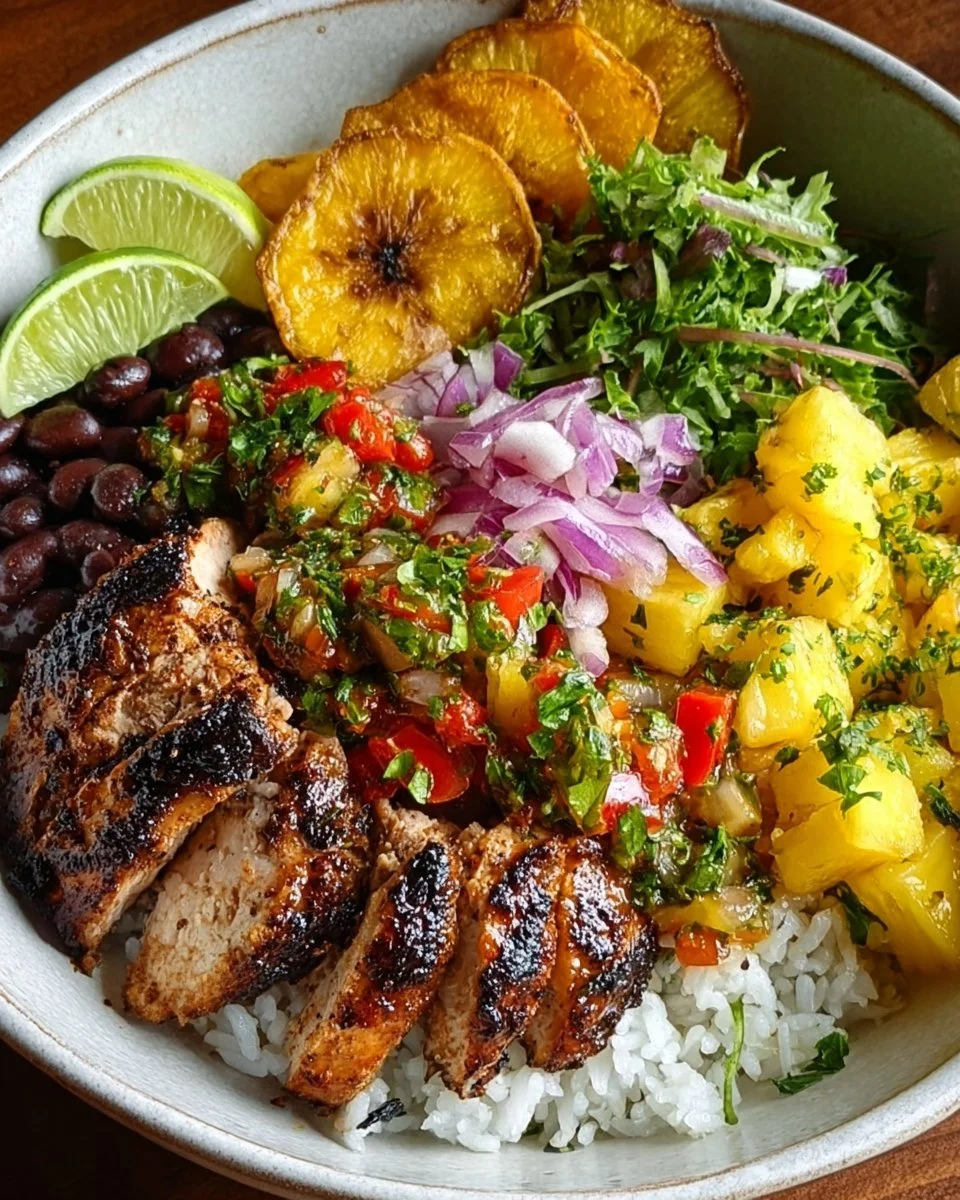 Caribbean Jerk Chicken Bowl topped with fresh pineapple salsa in a colorful dish.