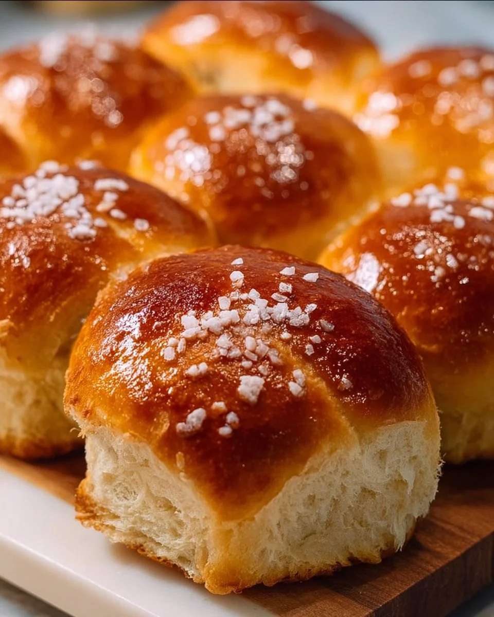 Freshly baked chewy bread rolls on a wooden table